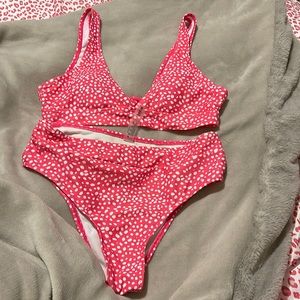 Hot pink polka dot v neck bikini set
